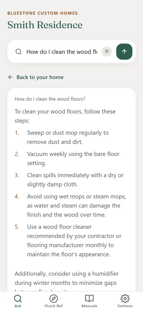 The Handover homeowner app on a demo home answering how to clean the wood floors, in numbered steps drawn from that home's documents