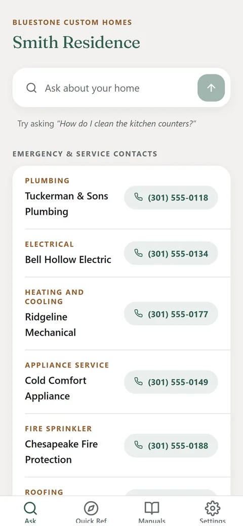 The Handover homeowner app for the same demo home: an ask box and the home's emergency and service contacts