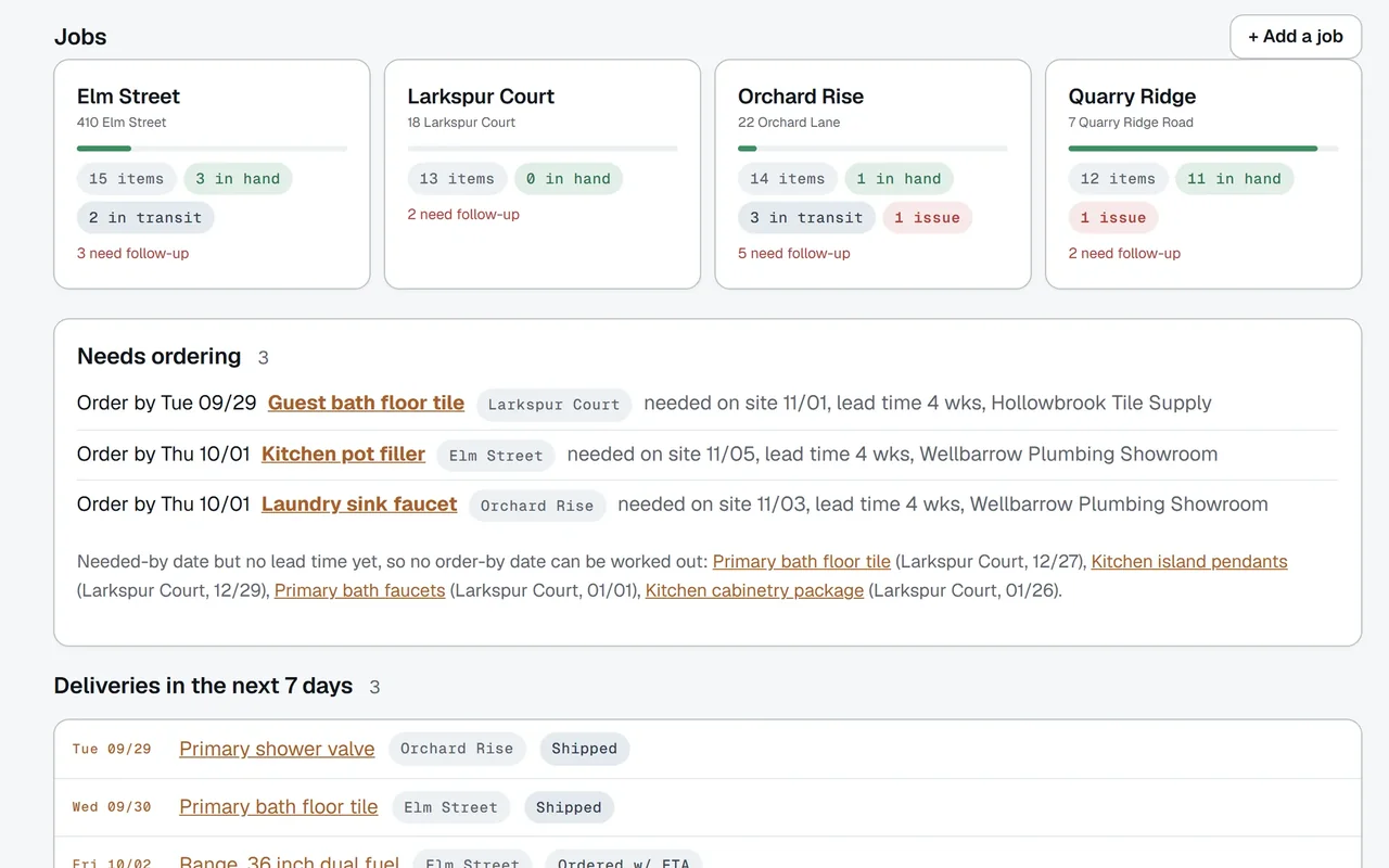 The Material Monitor office dashboard for demo jobs: a card per job with items in hand, in transit and needing a follow-up, the materials to order with their order-by dates and the week's deliveries
