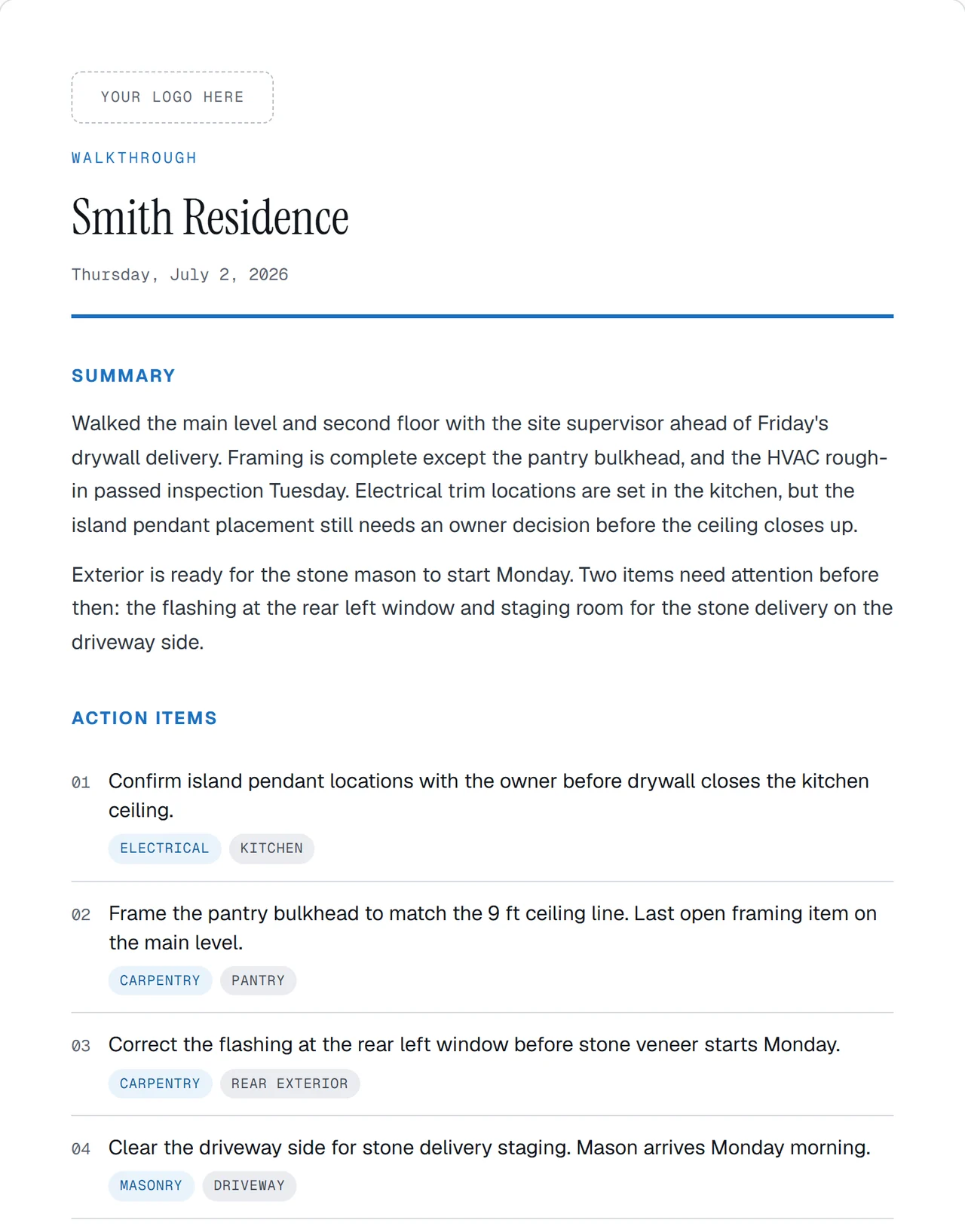 The top of a finished Walkthrough report for a demo home: a slot for your logo, the date, a written summary of the walk and the action items, each tagged with its trade and room