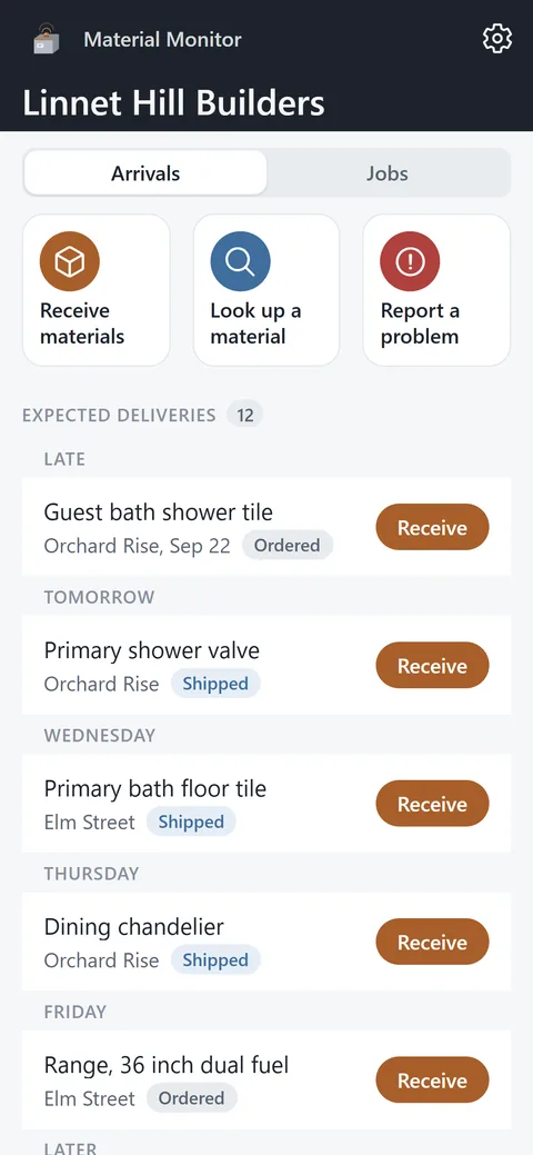 The Material Monitor field app for a demo company: receive materials, look up a material, report a problem and the expected deliveries by day