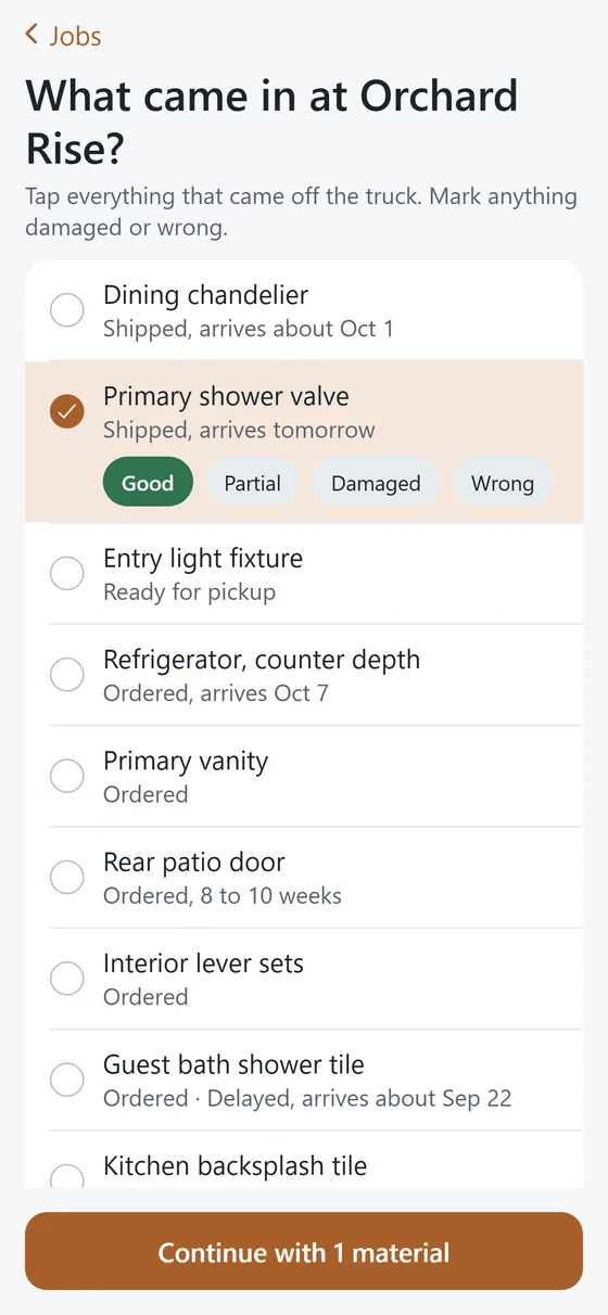 The Material Monitor field app receiving a delivery at a demo job: tick what came off the truck and mark it good, partial, damaged or wrong